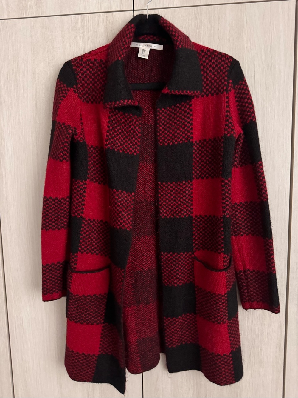 Max Studio Red and Black Buffalo Plaid Open-Front Sweater Coat with pockets